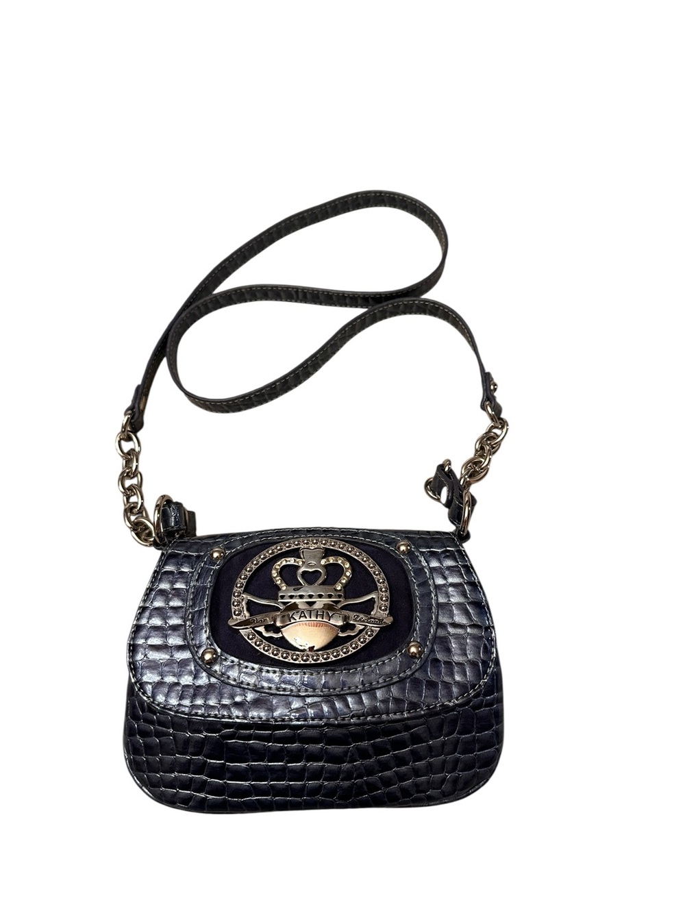 Kathy Van Zeeland Y2K 2000s Navy Blue Croc Embossed Crown Bling Small Crossbody